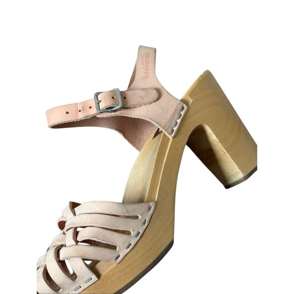 Anthropologie Swedish Hasbeens Braided Sky High Clogs Leather Wood size 39 Peach - Picture 9 of 15